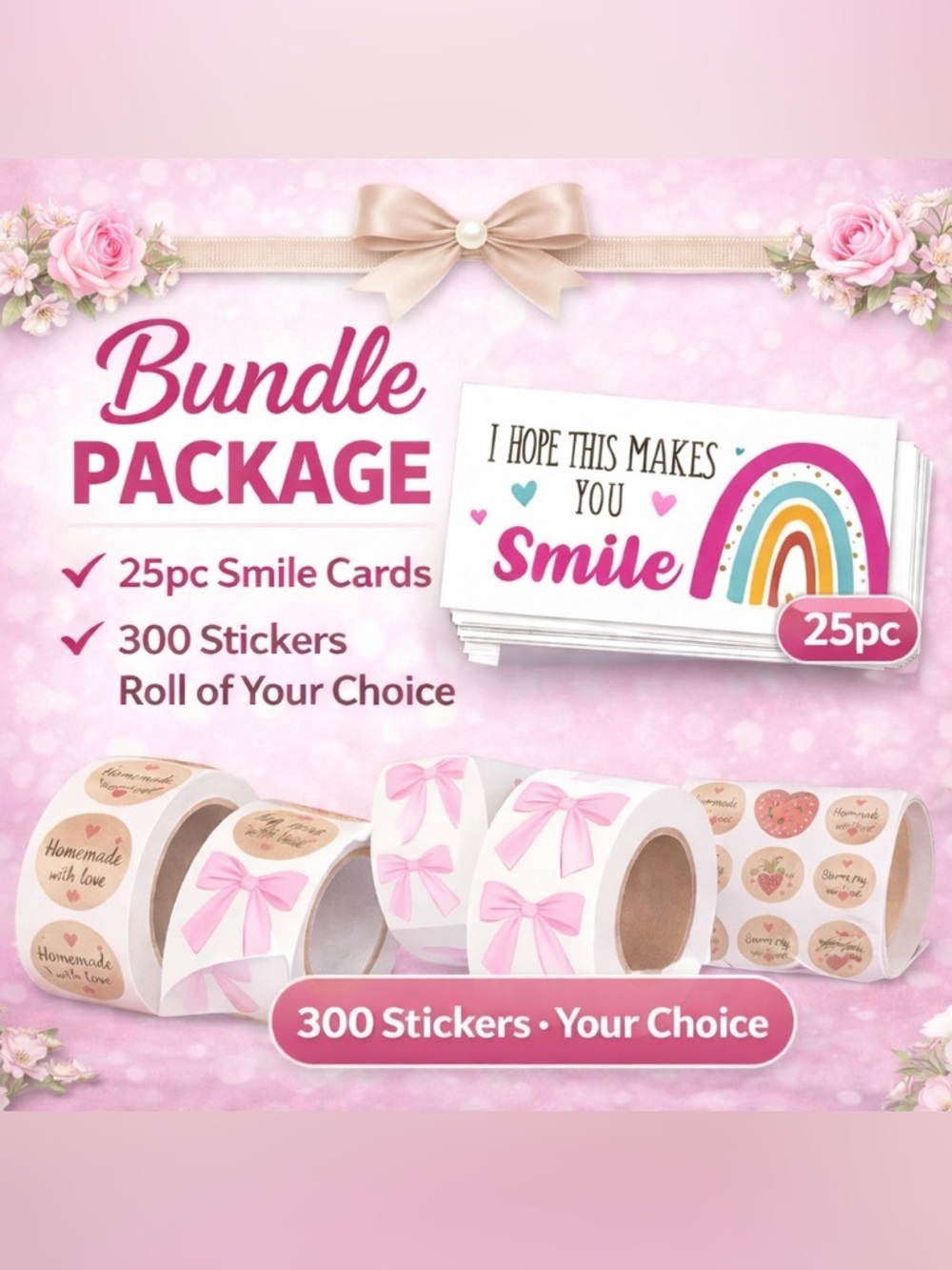 Bundle Package Rainbow Smile Cards 25pc and Stickers Roll 300pc of your choice